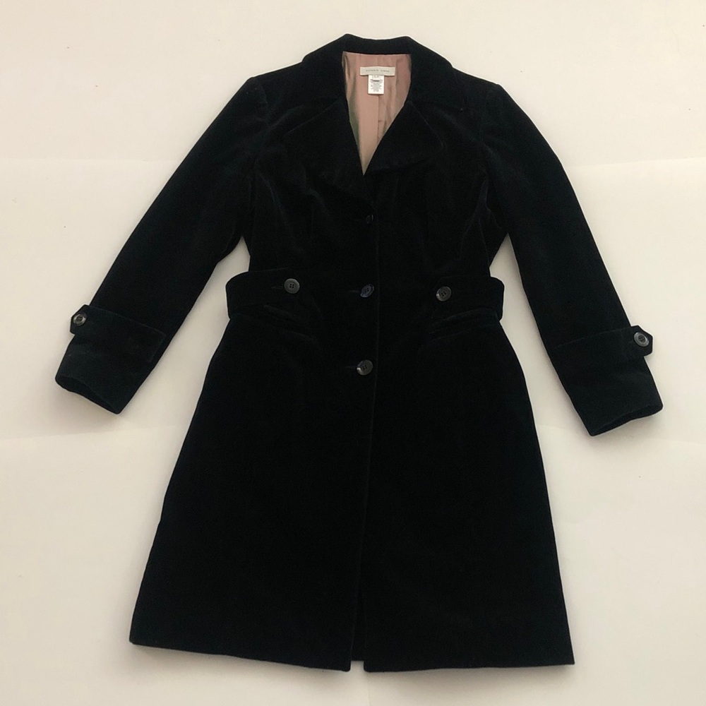 Sunny Choi S Coat Black Velvet Buttons Pockets Removable Belt Excellent Conditio